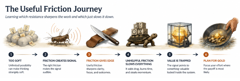 Useful friction journey from soft ideas to trapped value and planned gold