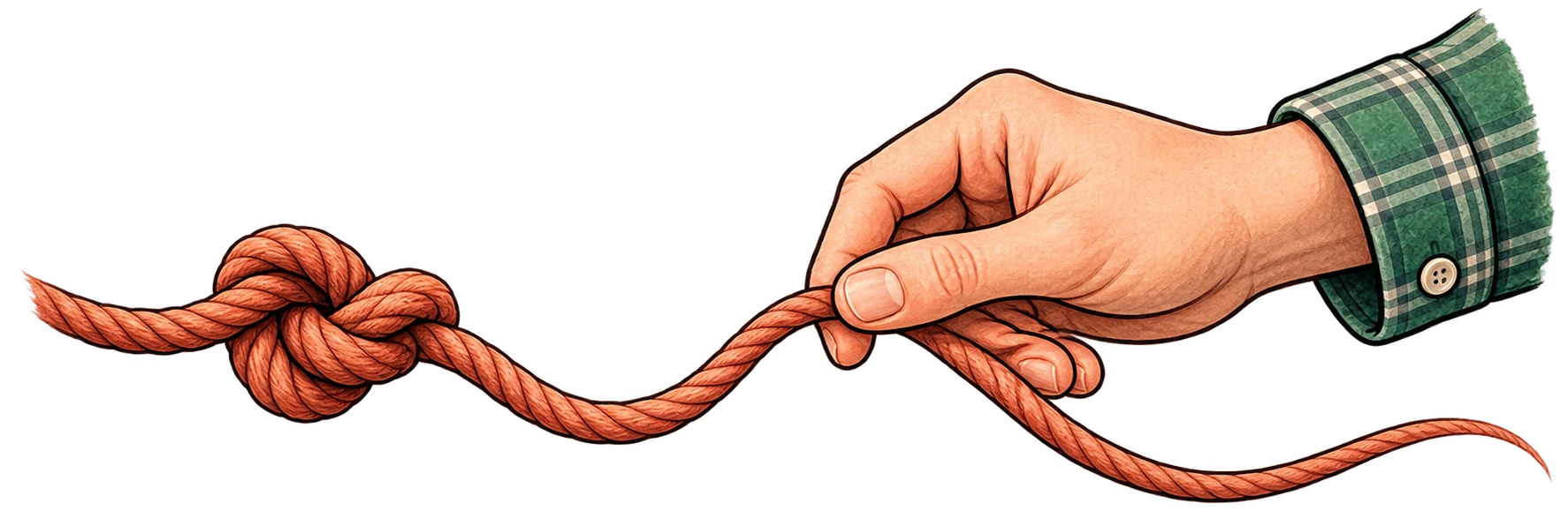 A hand in a green plaid sleeve follows an orange thread back to a knot.