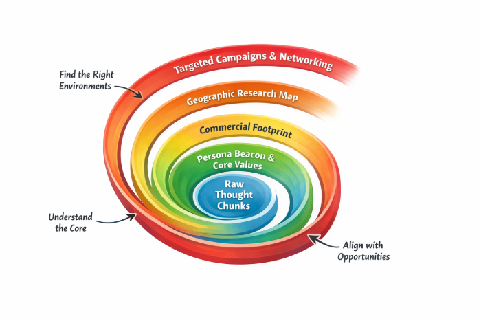 Spiral playbook diagram from raw thought chunks to campaign system